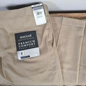 NEW Haggar Premium Comfort Pleated Dress Pants Khaki Classic Fit Mens 44x34 $80